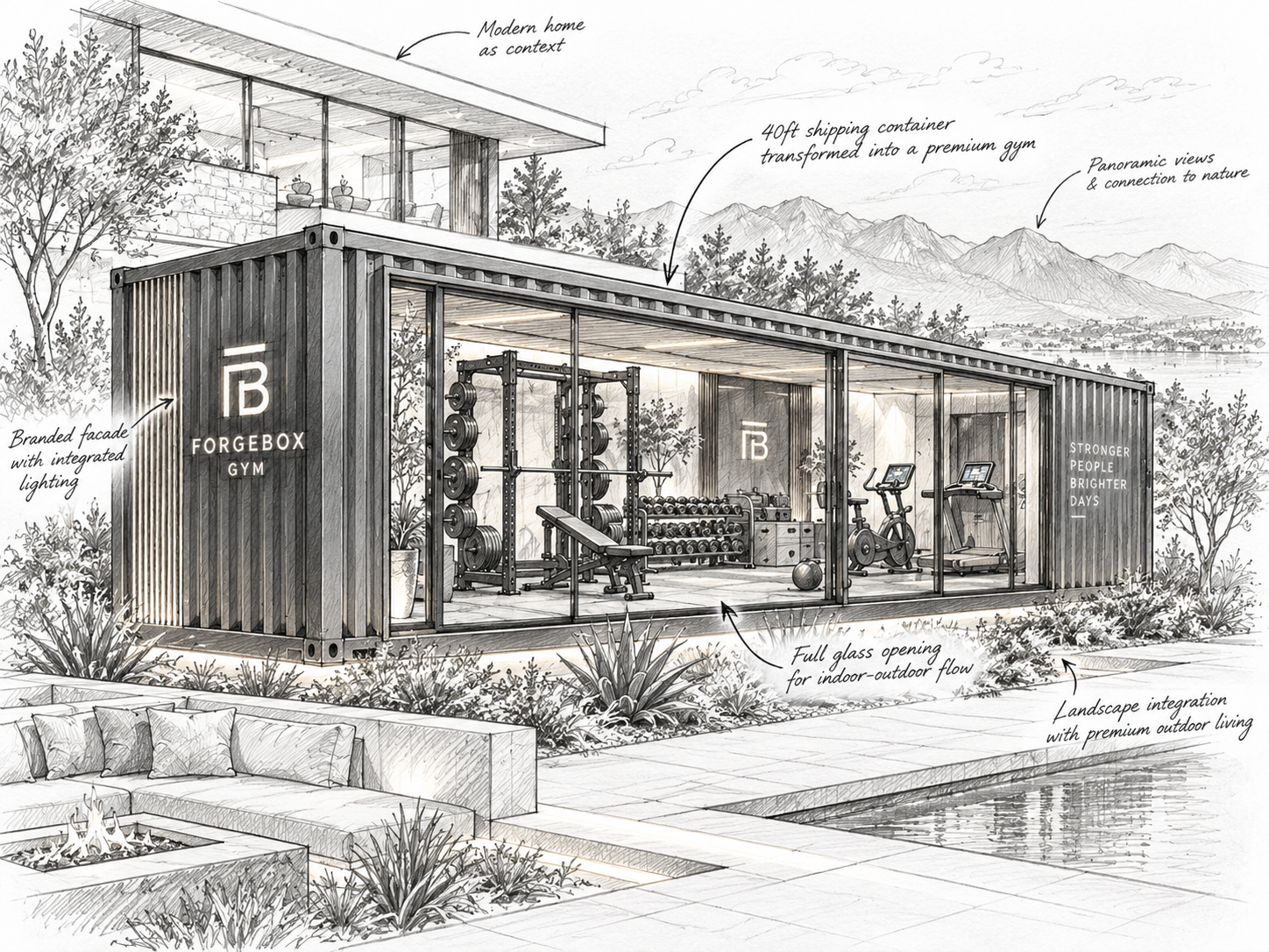 Architectural concept sketch of the GymPod container gym