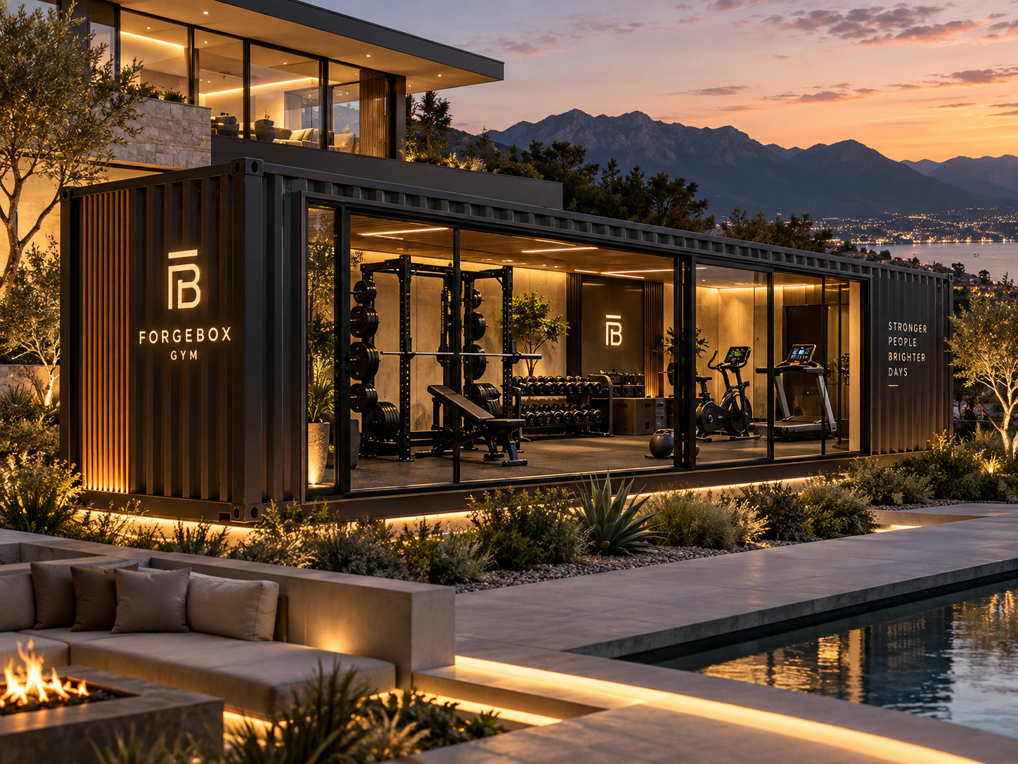A GymPod container gym beside an outdoor living space at dusk