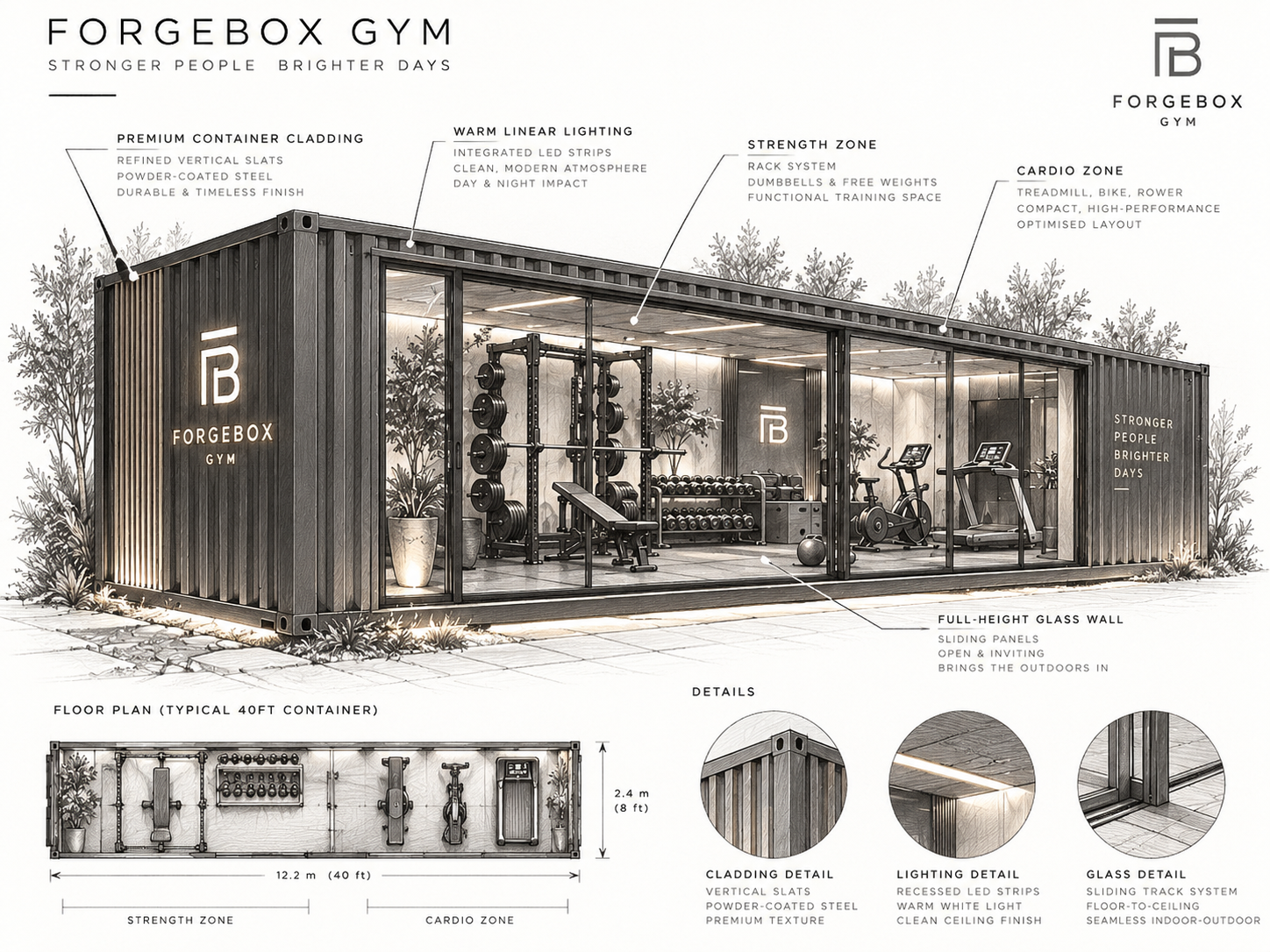 GymPod specification board showing the strength zone, cardio zone, and container plan