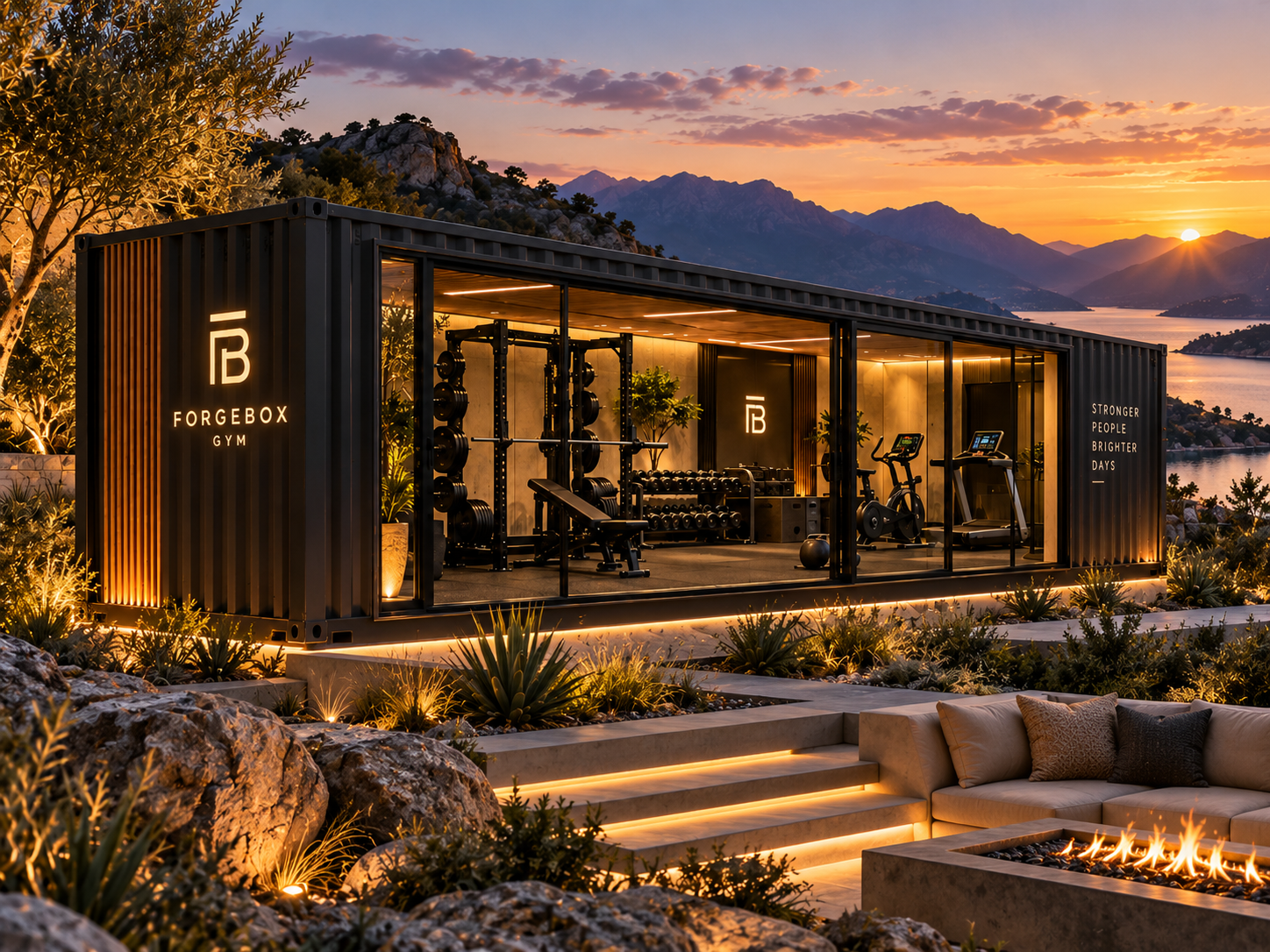 A glass-fronted GymPod container gym at sunset